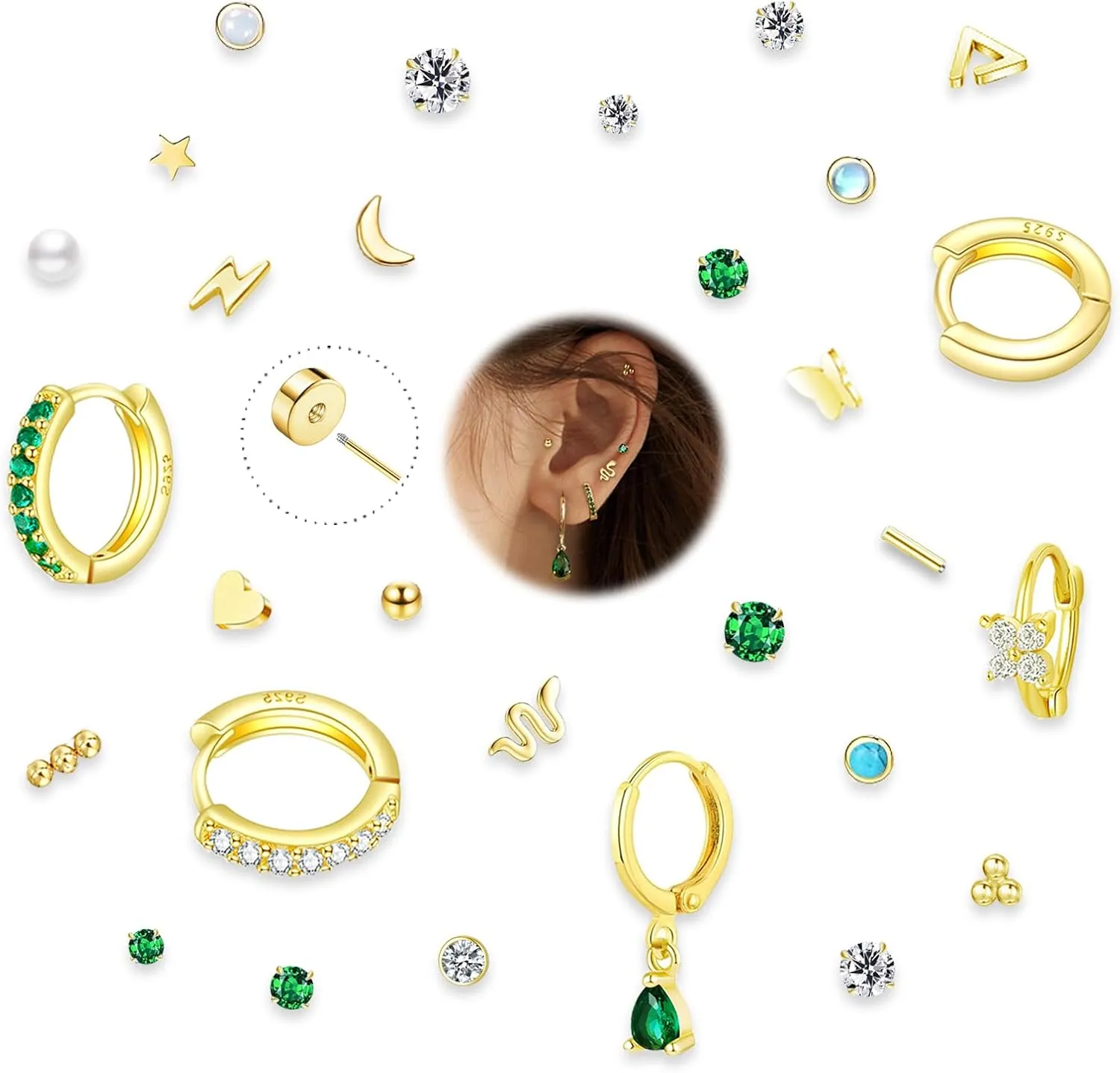 29Pcs Surgical Steel Stud Hoop Earring Sets for Multiple Piercing Tiny Gold Flat Back Earrings for Hypoallergenic Flatback Studs for women (Single Earrings Not A Pair)