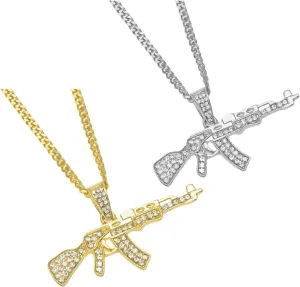 2Pack Set Unisex Gold and Silver Plated Gun Necklaces For Women Men,Trendy Dainty Non Tarnish Chunky 14k Gold Cubic Zirconia AK-47 Gun Charm Necklace Set Gold Chain Necklace For Women