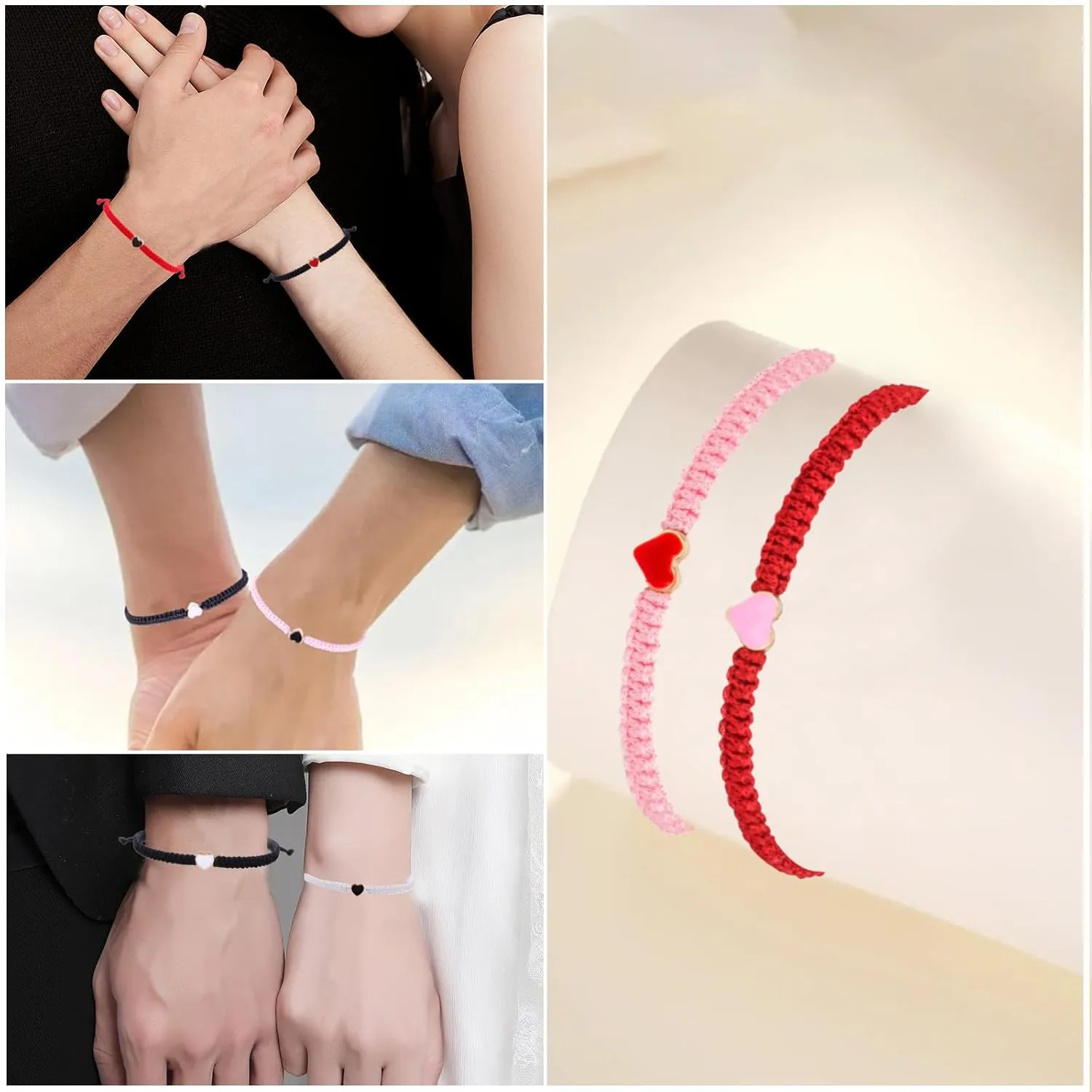2PCS Colorful Couples Matching Heart Bracelet for Mother Daughter Couples and Friendships Braided String Adjustable Bracelets for Bf Gifts Bracelets for Mother Daughter Women Men Girls(Red & Black)