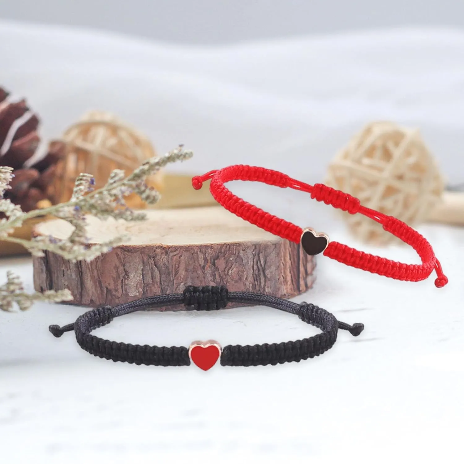 2PCS Colorful Couples Matching Heart Bracelet for Mother Daughter Couples and Friendships Braided String Adjustable Bracelets for Bf Gifts Bracelets for Mother Daughter Women Men Girls(Red & Black)