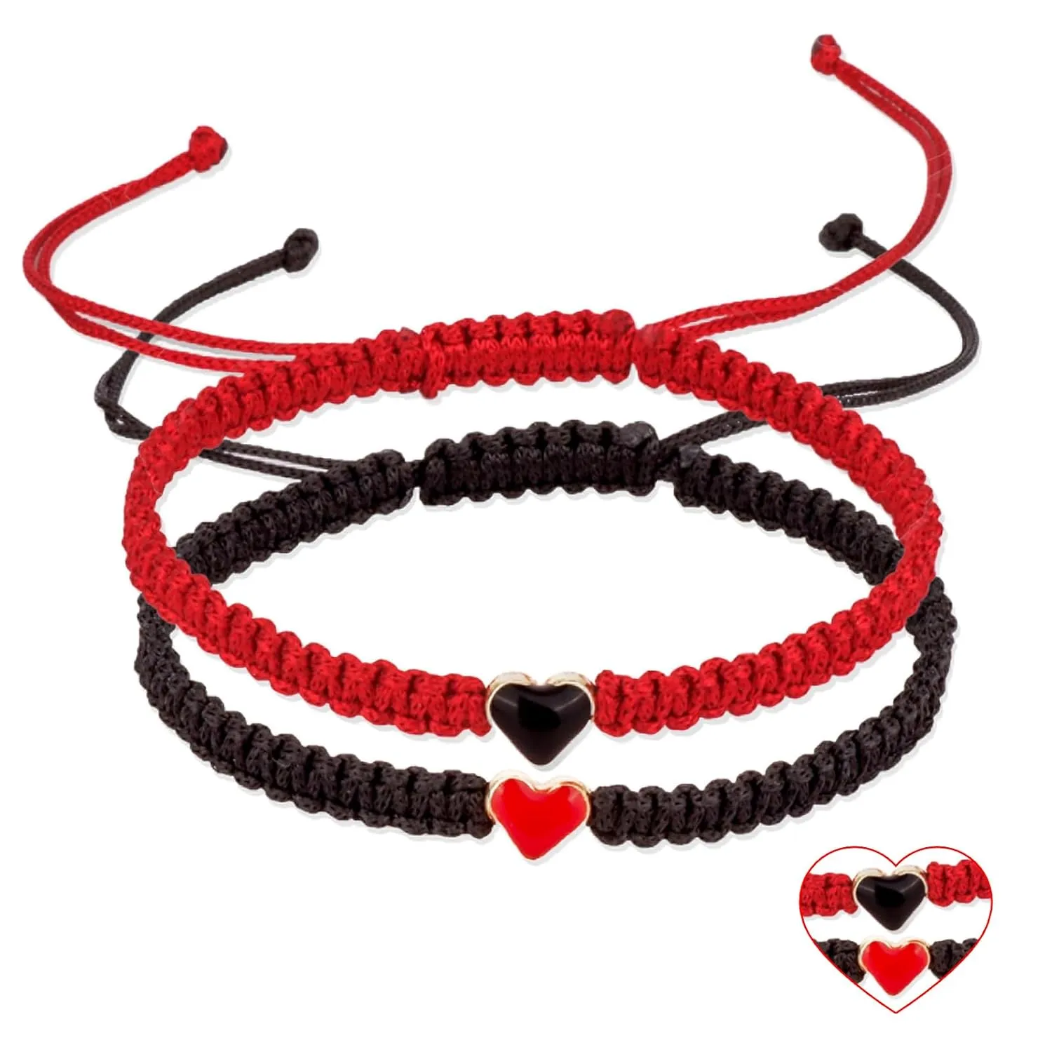 2PCS Colorful Couples Matching Heart Bracelet for Mother Daughter Couples and Friendships Braided String Adjustable Bracelets for Bf Gifts Bracelets for Mother Daughter Women Men Girls(Red & Black)