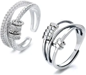 2pcs Fidget Band With Beads Spinner Rings for Women,Anti Anxiety Ring Stainless Steel Ring Sand Blast Finish.Unisex Adjustable Stacking Worry Ring