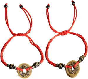 2Pcs Lucky Braide Red String Feng Shui Copper Coin Bracelet Bangle Handmade Adjustable Attract Money Wealth Bracelet for Women Men Friend Good Luck Protection Amulet Jewelry