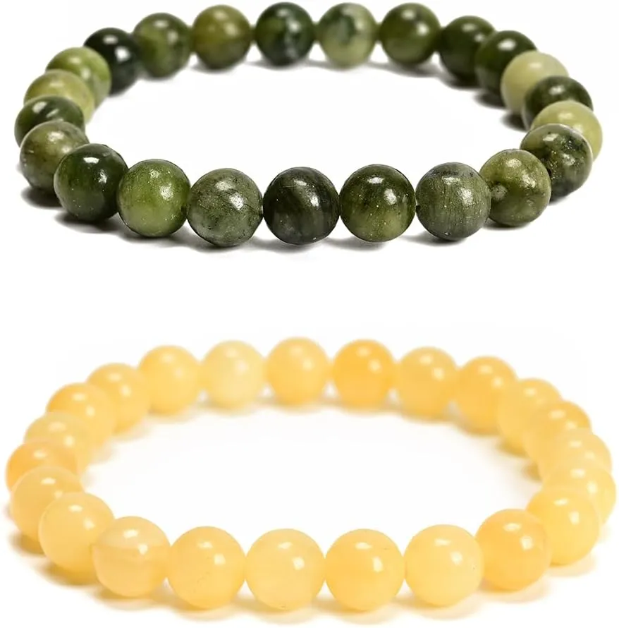 2Pcs Mixed Gemstones Bead Double Protection Bracelet Set-Stone Round Beaded Stretchy Bracelets for Women Men