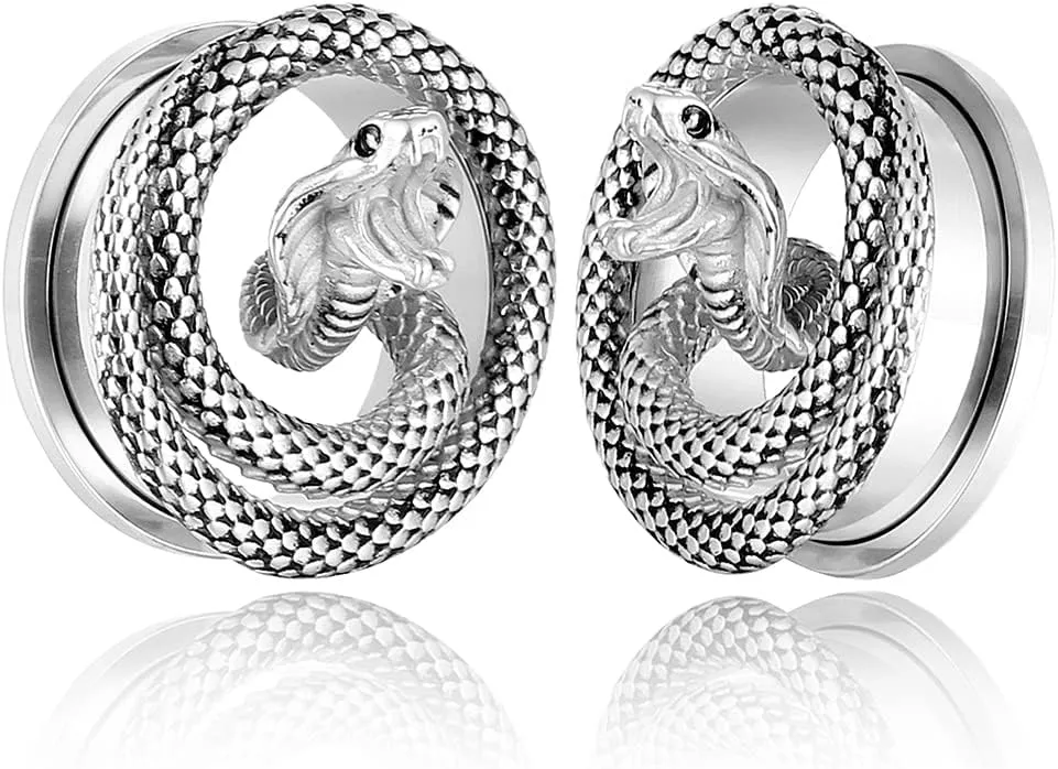2PCS Snake Ear Plugs Gauges for Stretched Ears Hypoallergenic 316 Stainless Steel Ear Tunnels 8mm-25mm (0G-1") Body Piercing Jewelry for Women Men