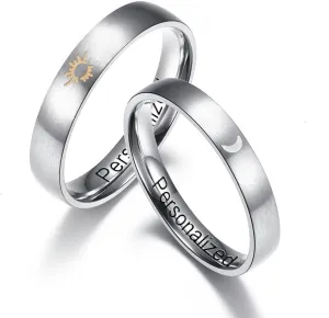 2PCS Sun and Moon Couples Rings Personalized Promise Ring for Him Her Couples Stainless Steel Matching Luminous Rings Glow in The Dark Custom Engagement Wedding Band