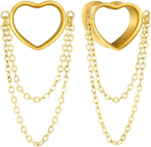 2PCS Women Dangle Earrings 6mm-25mm,(2G-1inch) Heart Double Chain Earrings Ear Tunnels hangers for stretched,Hypoallergenic Body Piercing Jewelry