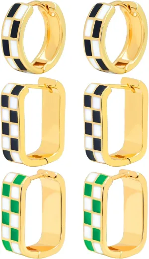 3 Pairs 14K Gold Plated Hoop Earrings for Women Hypoallergenic Earring Inlaid Cubic Zirconia Earring Pattern Cutout Diamond Huggie Earrings for Women