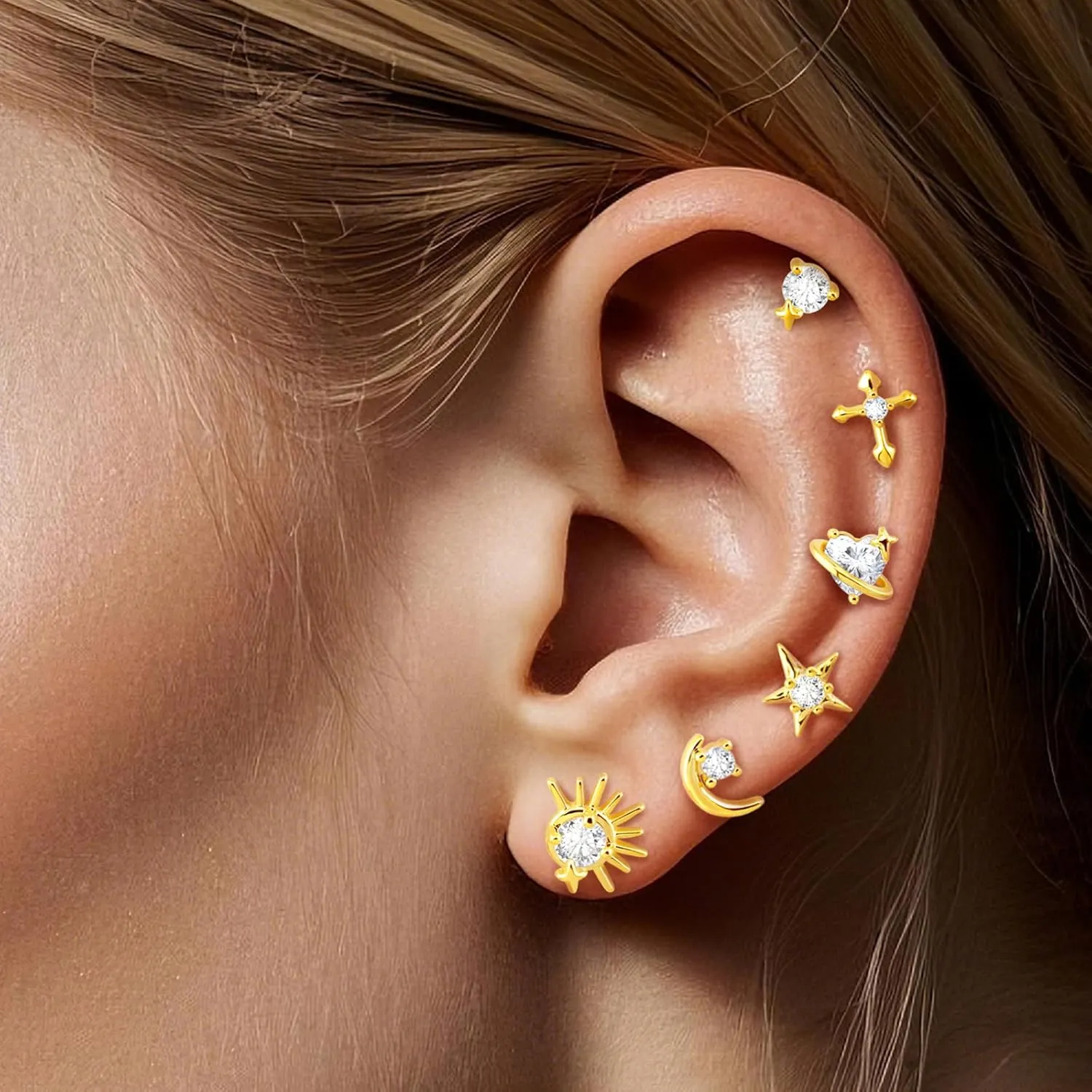 3 Pairs Earring Set for Women 14K Hypoallergenic Gold Plated Earrings Multiple Piercing Small Cartilage Earrings Set Dainty Stud Earrings for women and teengrils