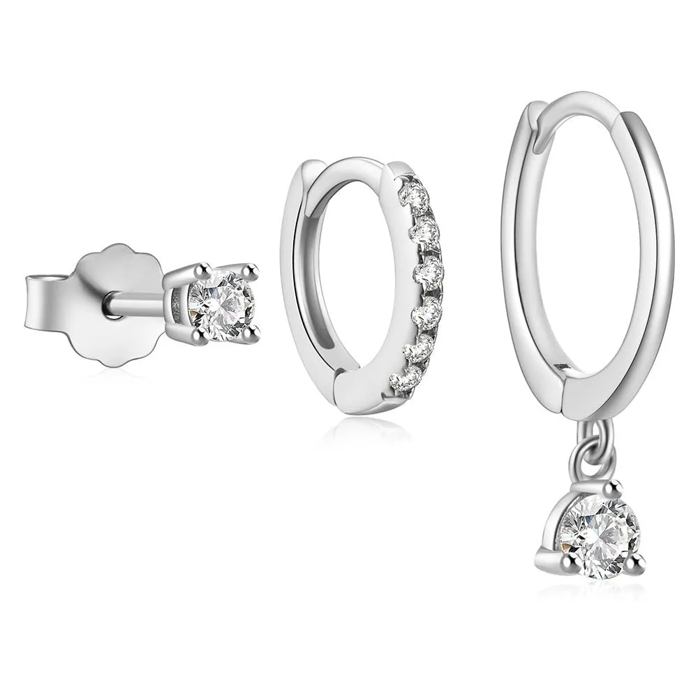 3 Pairs Gold Hoop Earrings Set Cubic Zirconia Dainty Gold Small Huggie Hoop Earrings Studs for Women Men rendy Hypoallergenic Cartilage Nap Sleeper Back Stud Earrings Set for Multiple Piercin (Silver)