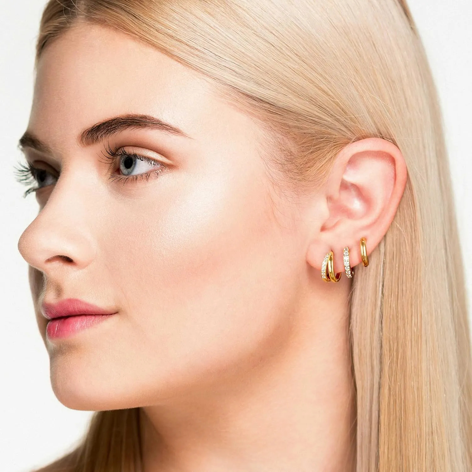 3 Pairs Small Gold Huggie Hoop Earrings Set for Women,14K Gold Plated Hypoallergenic Lightweight Huggie Hoop Earrings for Women