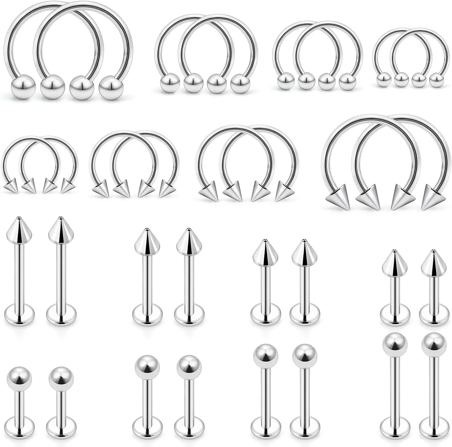 32PCS 16G Lip Rings Surgical Steel Snake Bite Jewelry Labret Jewelry Monroe Lip Barbell Ring Daith Tragus Helix Piercing Jewelry for Women Men 6mm/8mm/10mm/12mm