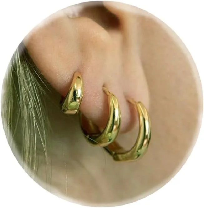 3Pairs Gold Hoop Earrings Set for Women 14K Gold Filled Small Huggie Hoop Tiny Gold Trendy Thick Hoop Earrings Stacks for Multiple Piercing Hypoallergenic
