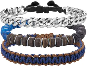 3pc Mens Beaded Bracelets Silver Stainless Steel Chain Bracelet for Men Handmade Braided Bracelet Sets Jewelry Gifts for Men