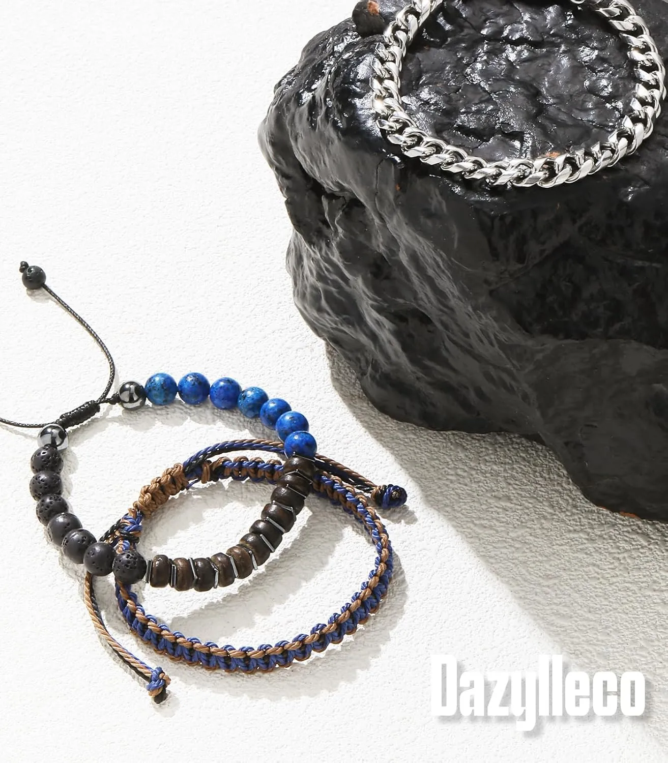 3pc Mens Beaded Bracelets Silver Stainless Steel Chain Bracelet for Men Handmade Braided Bracelet Sets Jewelry Gifts for Men