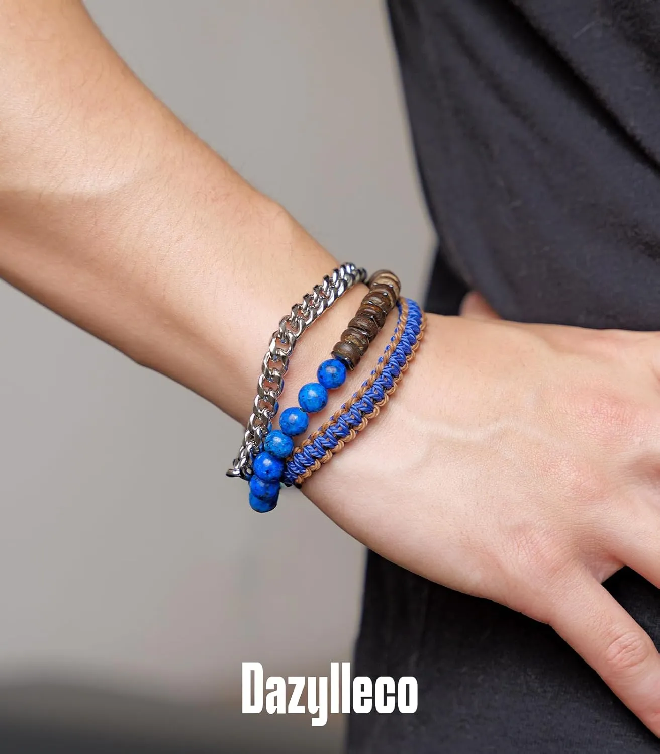 3pc Mens Beaded Bracelets Silver Stainless Steel Chain Bracelet for Men Handmade Braided Bracelet Sets Jewelry Gifts for Men