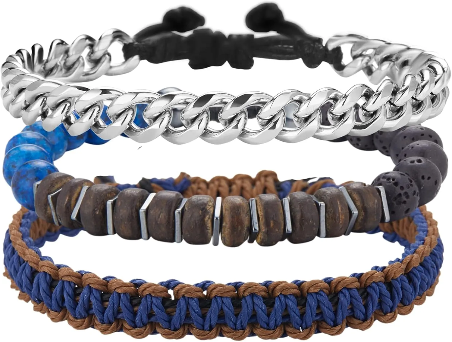 3pc Mens Beaded Bracelets Silver Stainless Steel Chain Bracelet for Men Handmade Braided Bracelet Sets Jewelry Gifts for Men