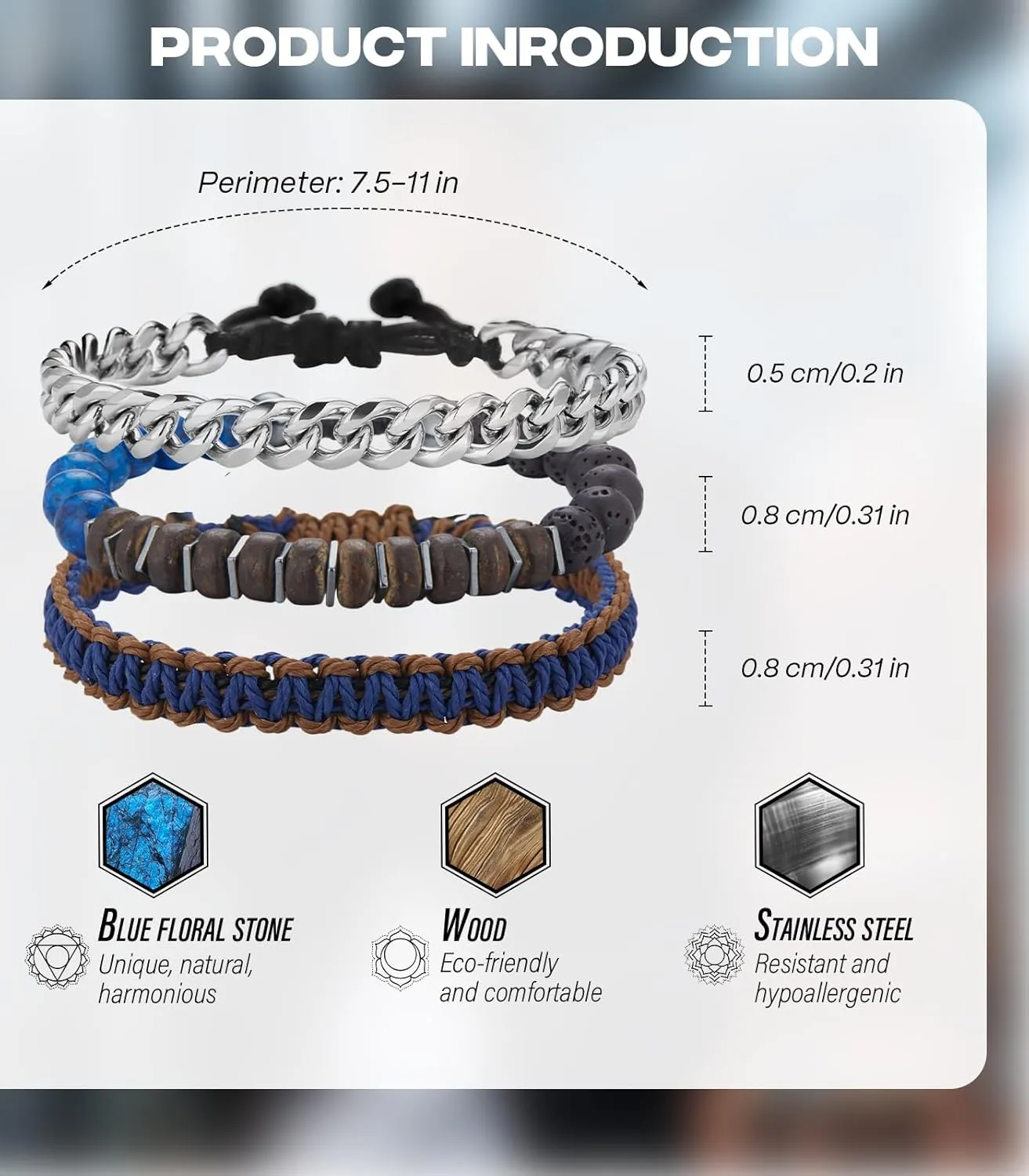 3pc Mens Beaded Bracelets Silver Stainless Steel Chain Bracelet for Men Handmade Braided Bracelet Sets Jewelry Gifts for Men
