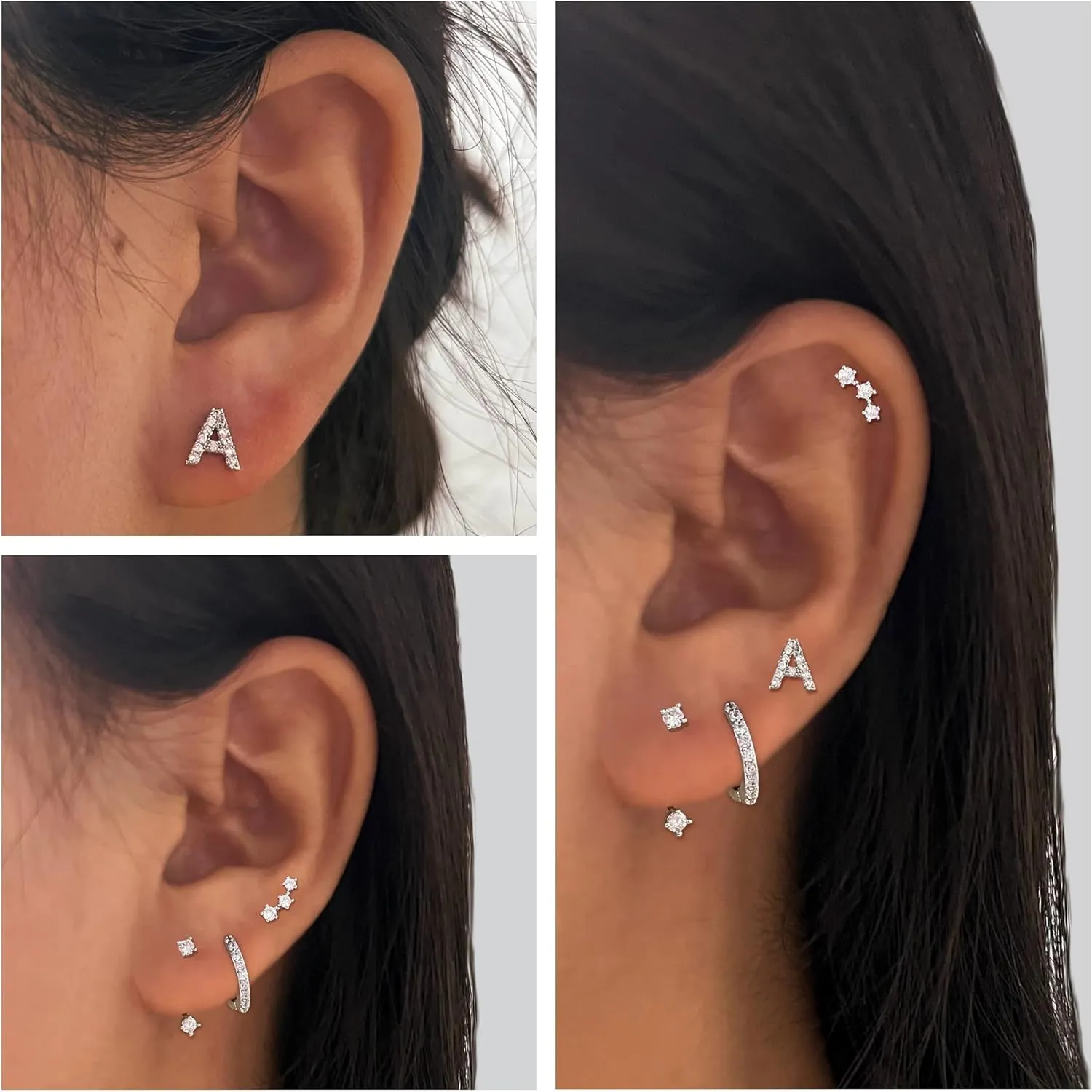 4 Pairs Initial Stud Earrings Set for Women Hypoallergenic 925 Sterling Silver Post Clear Cubic Zirconia Hoop Jackets Dainty Earrings Stacks for Multiple Piercing