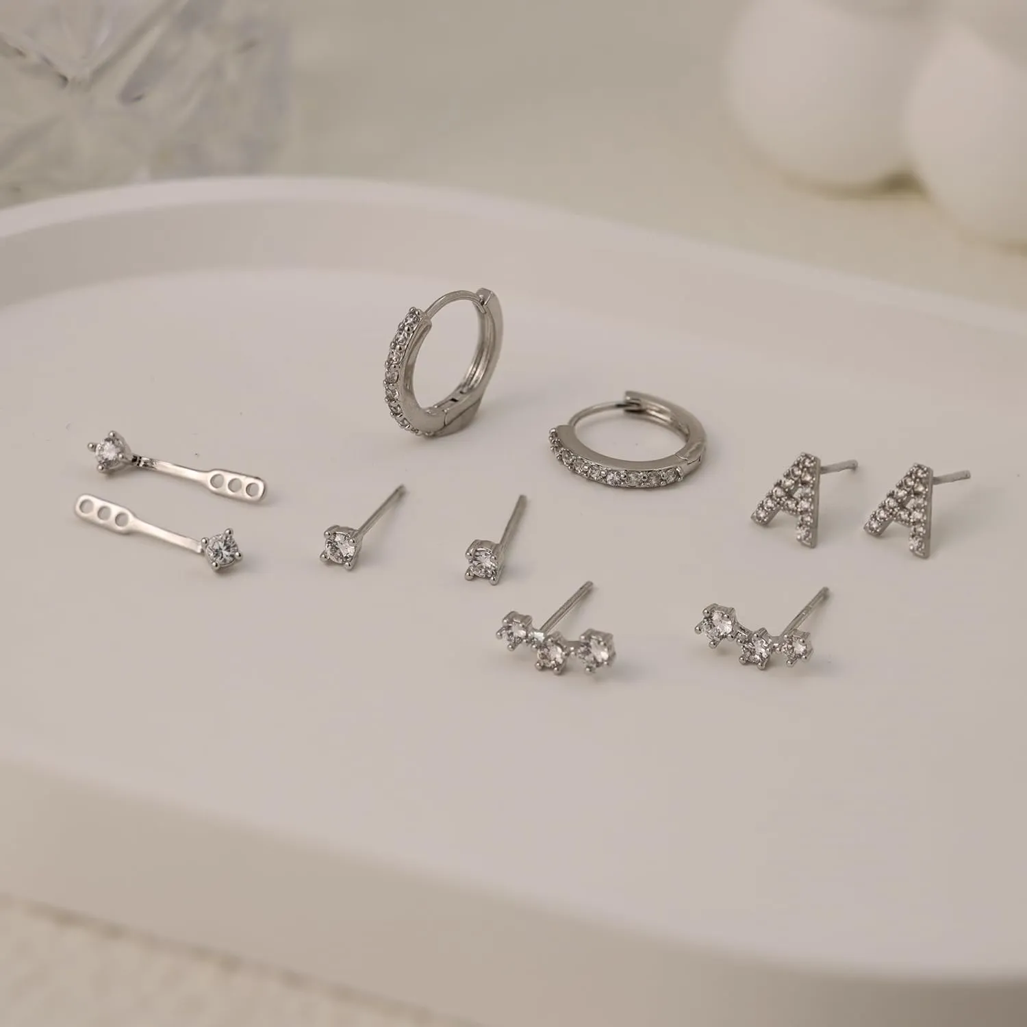 4 Pairs Initial Stud Earrings Set for Women Hypoallergenic 925 Sterling Silver Post Clear Cubic Zirconia Hoop Jackets Dainty Earrings Stacks for Multiple Piercing