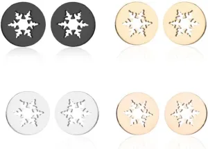 4 Pairs Snowflake Earrings Set for Women Men Minimalist Stainless Steel Winter Snow Flower Stud Earrings Tiny Asymmetric Snowflake Reindeer Post Earrings for Lady Christmas Party Jewelry