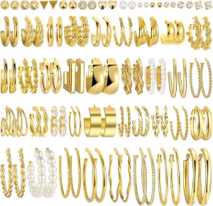 48 Pairs Gold Hoop Earrings Set for Women, Fashion Chunky Pearl Earrings Multipack Twisted Statement Earring Pack, Trendy Hypoallergenic Small Big Hoops Earrings for Valentine's Jewelry Gifts for Women