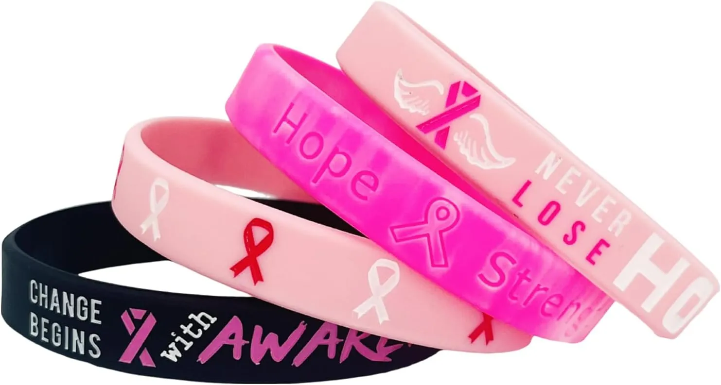 4/8Pcs Breast Cancer Awareness Bracelets for Women Men Pink Ribbon Fuck Cancer Silicone Wristbands Bracelets Hope Faith Courage Inspiring Jewelry for Cancer Survivors Recovery Support Gifts