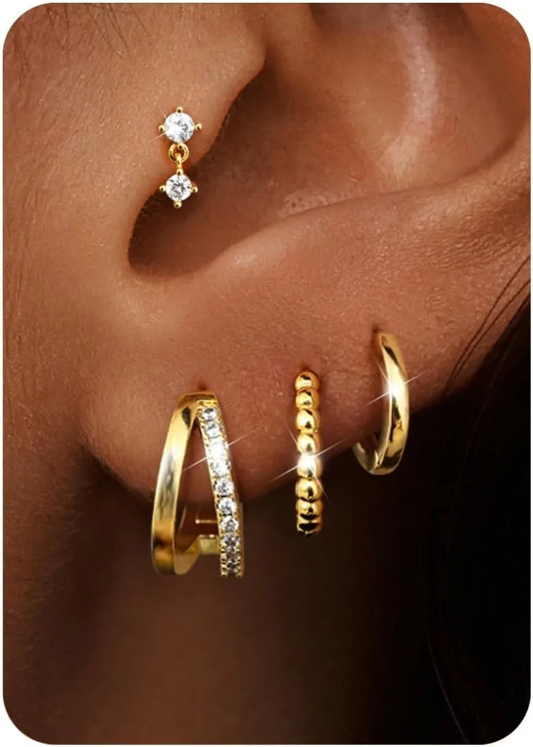 4Pairs Small Chunky Gold Hoop Earrings for Women Hypoallergenic Gold Silver Hoops for Sensitive Ears Non Tarnish 14K Gold Plated Flat Back Huggie Hoop Earring Stacks