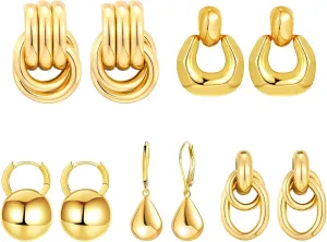 5 Pairs Chunky Gold Earrings for Women 18K Gold Plated Earrings Set Drop Dangle Earrings Lightweight Jewelry Gifts