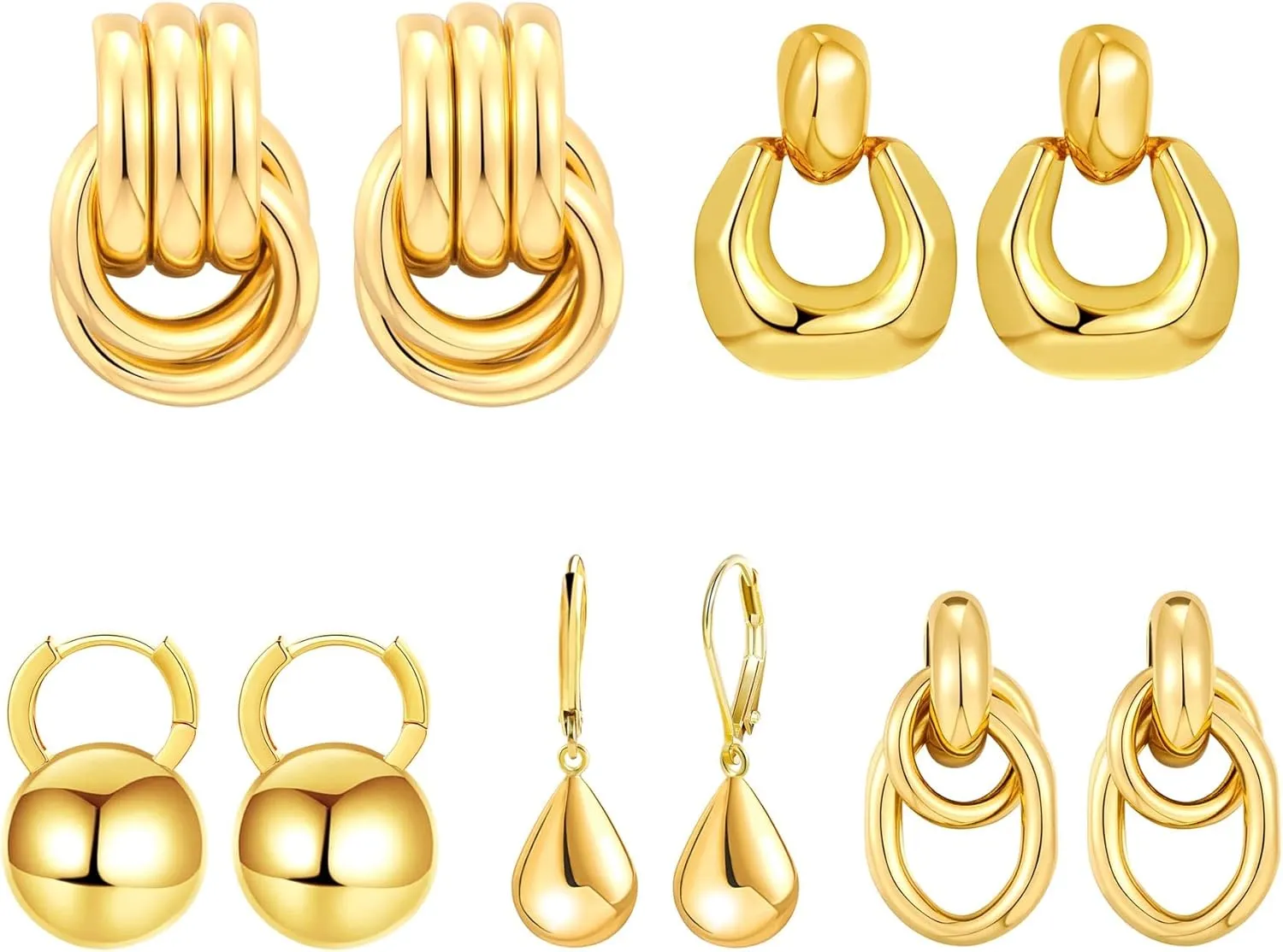 5 Pairs Chunky Gold Earrings for Women 18K Gold Plated Earrings Set Drop Dangle Earrings Lightweight Jewelry Gifts