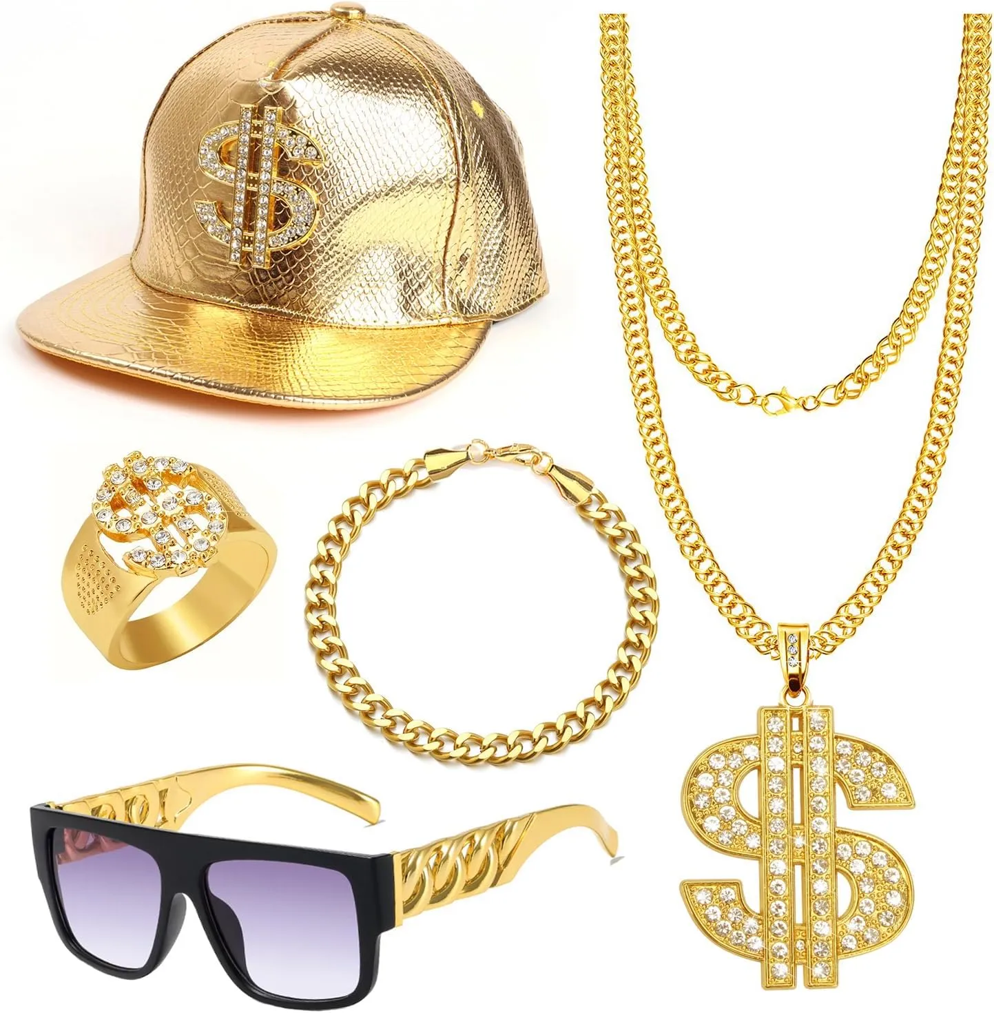 5Pcs 80s/90 Hip Hop Costume Kit Gold Rapper Hat Sunglasses Gold Dollar Sign Pendant Necklaces Rapper Accessories