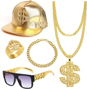 5Pcs 80s/90 Hip Hop Costume Kit Gold Rapper Hat Sunglasses Gold Dollar Sign Pendant Necklaces Rapper Accessories