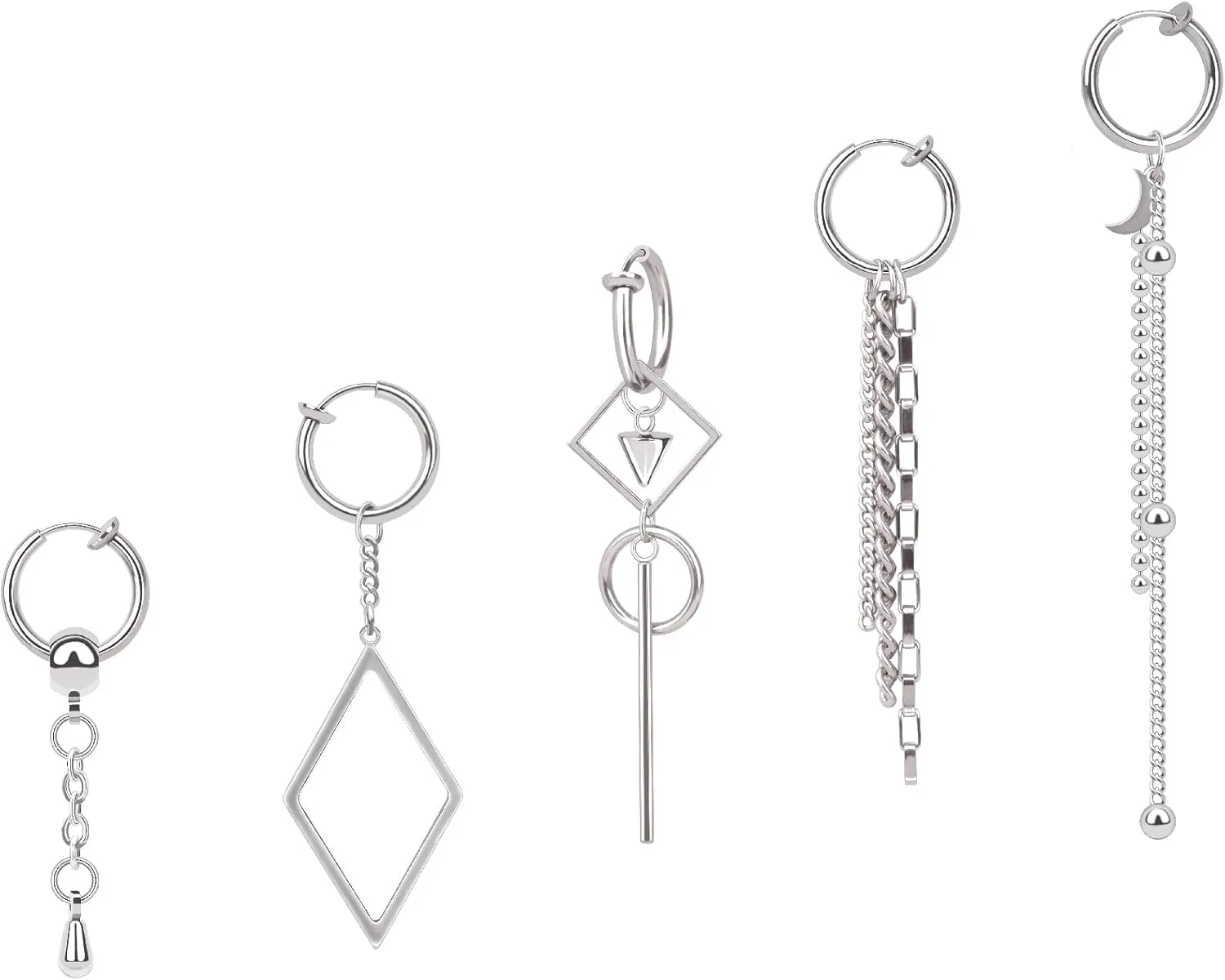 5pcs Clip-On Non-Piercing Fake Earrings - Hoop Dangle & Pendant Designs for Men & Women - Stainless Steel