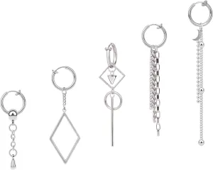 5pcs Clip-On Non-Piercing Fake Earrings - Hoop Dangle & Pendant Designs for Men & Women - Stainless Steel