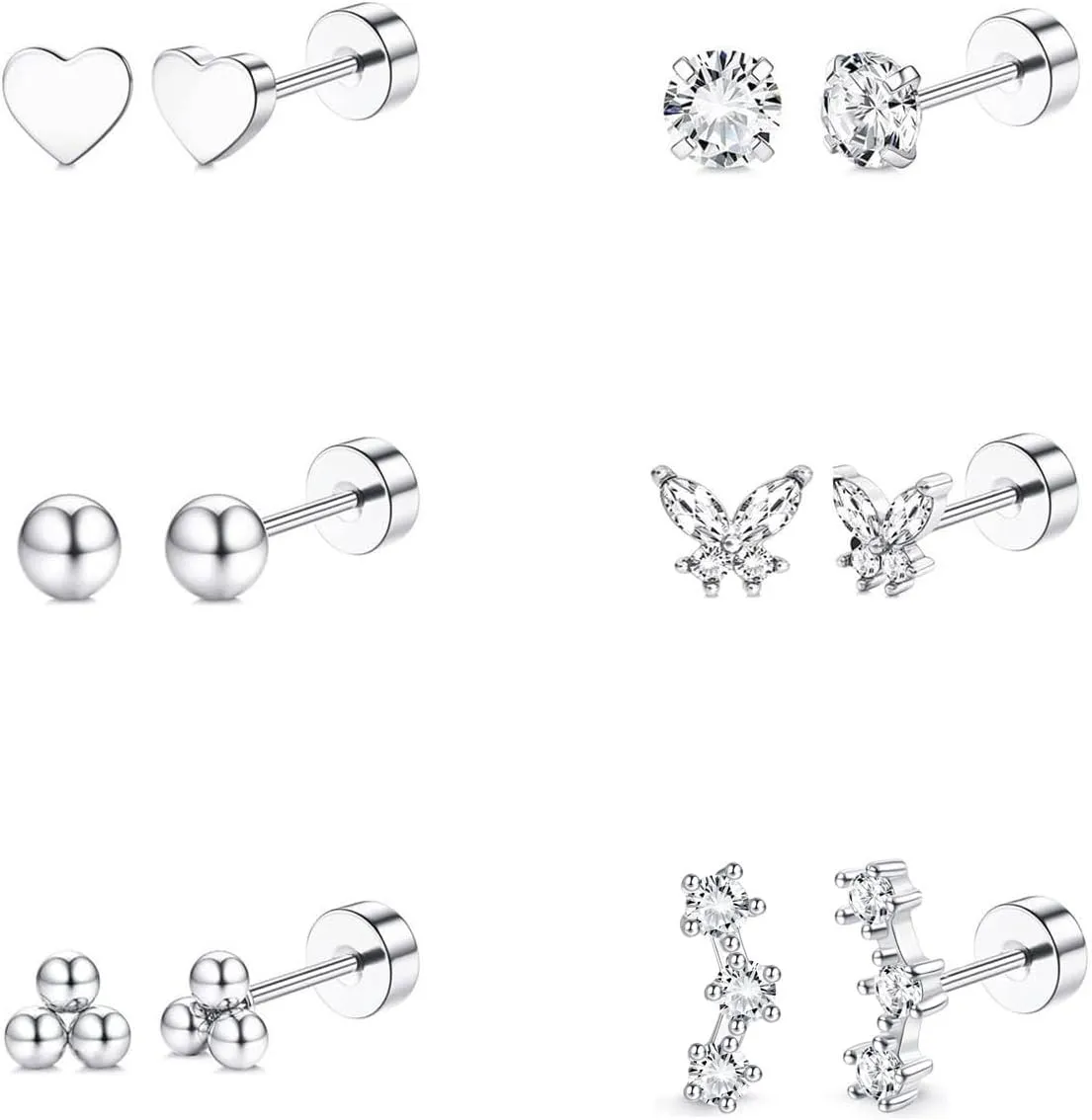 6 Pairs 20G Dainty Hypoallergenic Flat Back Stud Earrings for Women Trendy 14K Gold Surgical Stainless Steel Cartilage Earring Helix Conch Tragus Small Earrings Multiple Piercing Sets