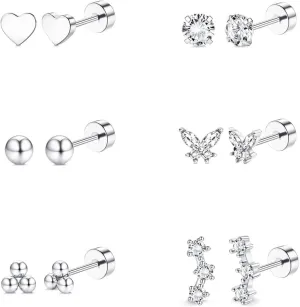 6 Pairs 20G Dainty Hypoallergenic Flat Back Stud Earrings for Women Trendy 14K Gold Surgical Stainless Steel Cartilage Earring Helix Conch Tragus Small Earrings Multiple Piercing Sets
