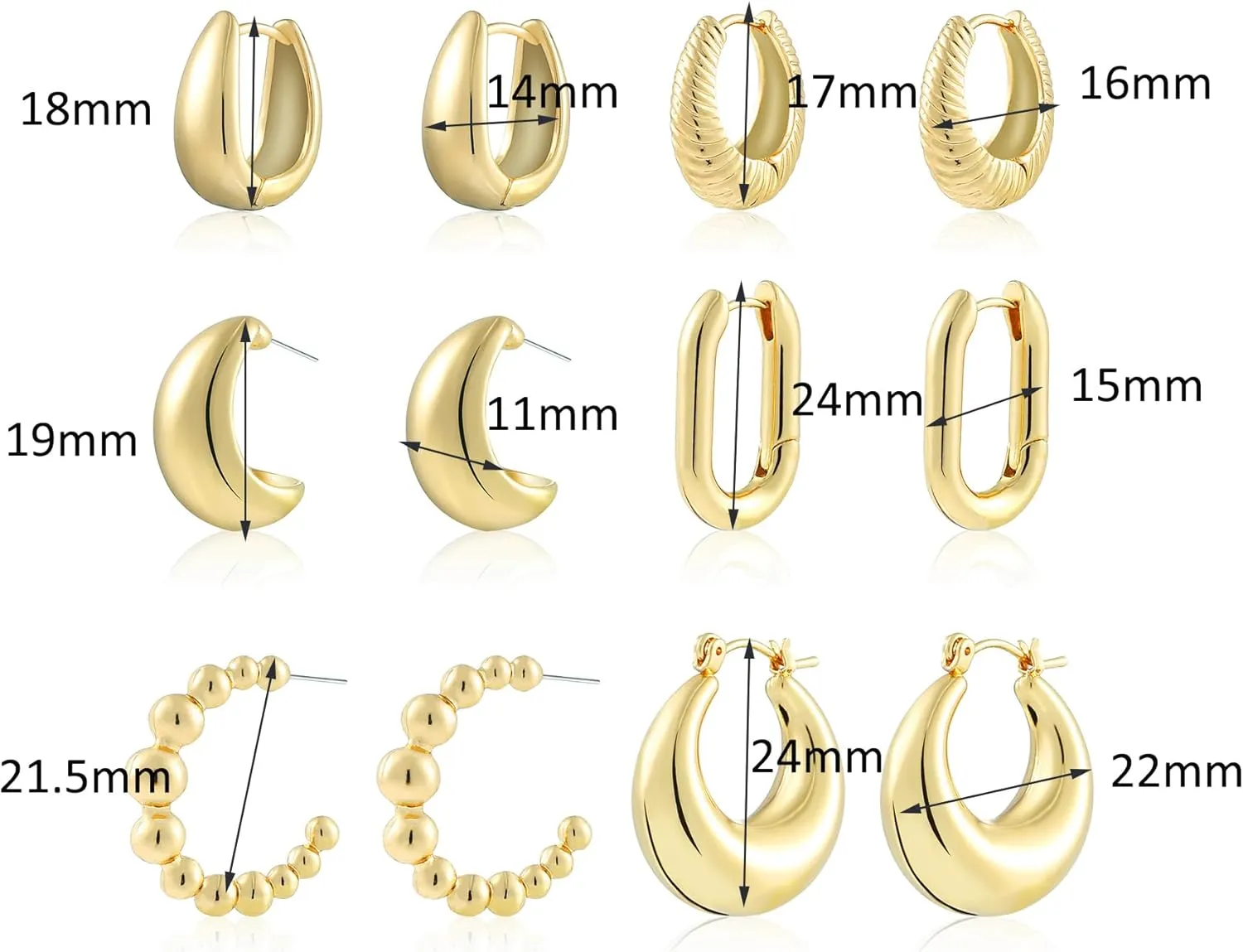 6 Pairs Gold Hoop Earrings for Women, 14K Gold Plated Lightweight Chunky Hoop Earrings Set Hypoallergenic, Thick Open Huggie Hoops Earrings Jewelry for Gifts.