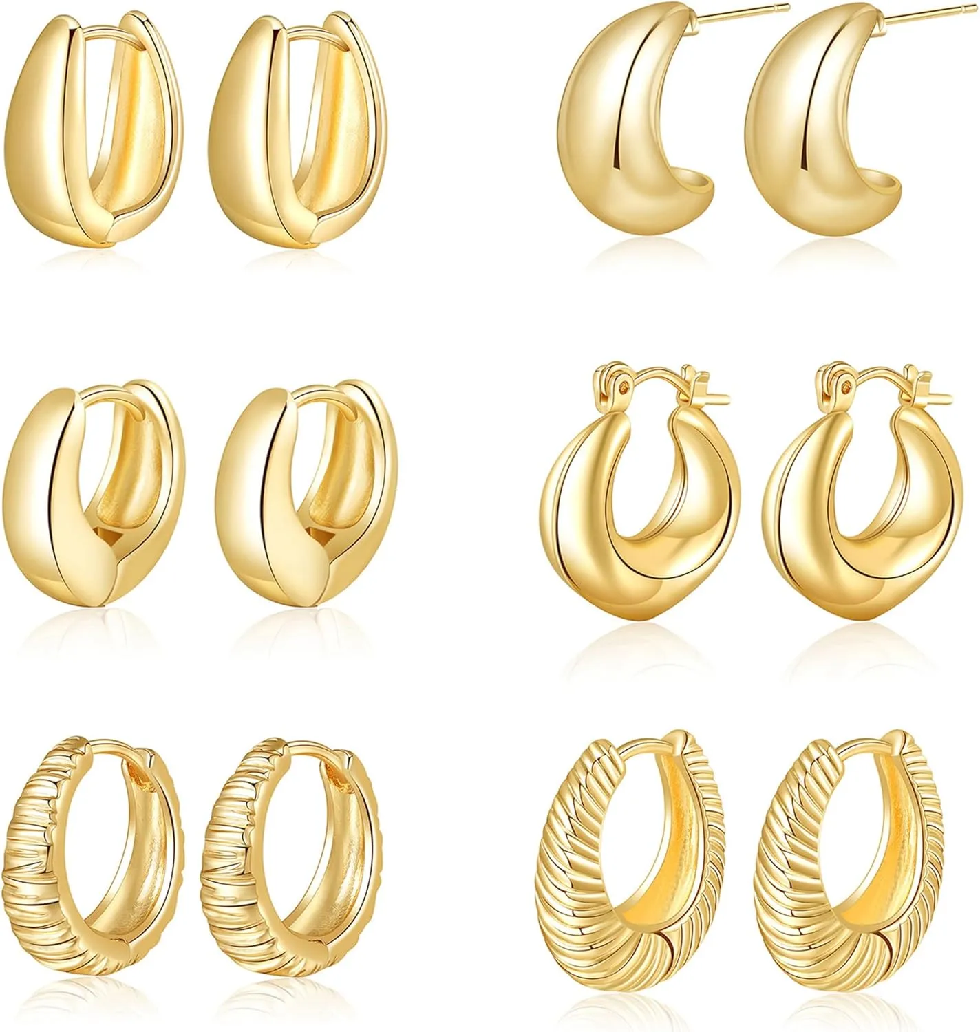 6 Pairs Gold Hoop Earrings for Women, 14K Gold Plated Lightweight Chunky Hoop Earrings Set Hypoallergenic, Thick Open Huggie Hoops Earrings Jewelry for Gifts.