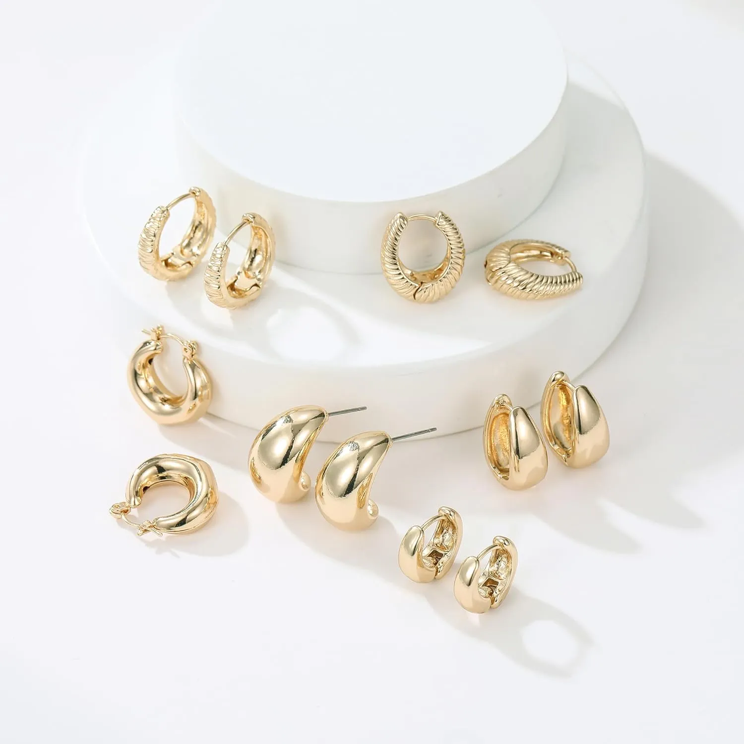 6 Pairs Gold Hoop Earrings for Women, 14K Gold Plated Lightweight Chunky Hoop Earrings Set Hypoallergenic, Thick Open Huggie Hoops Earrings Jewelry for Gifts.