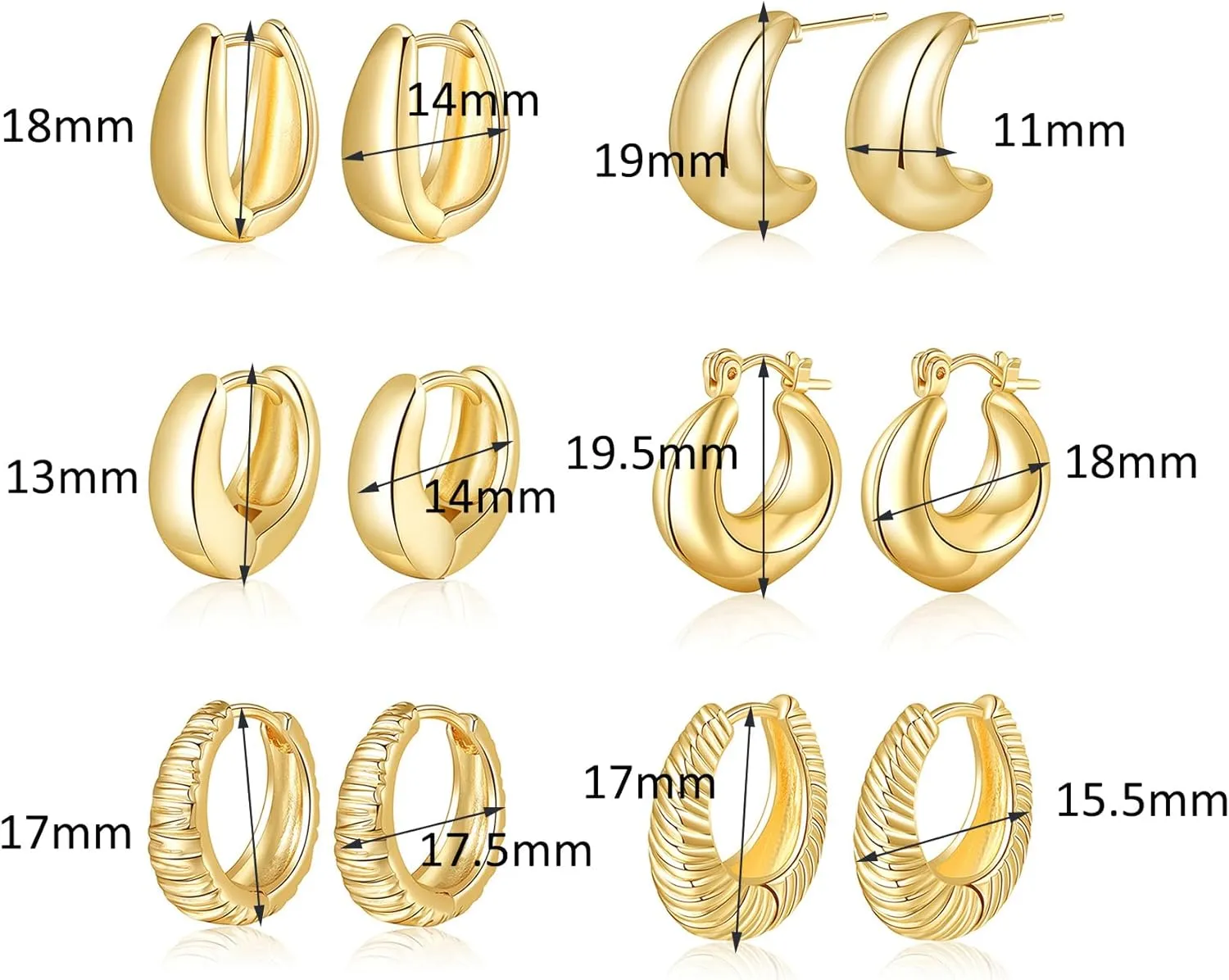 6 Pairs Gold Hoop Earrings for Women, 14K Gold Plated Lightweight Chunky Hoop Earrings Set Hypoallergenic, Thick Open Huggie Hoops Earrings Jewelry for Gifts.