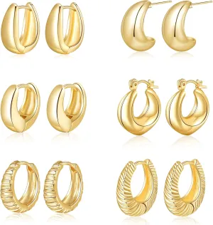 6 Pairs Gold Hoop Earrings for Women, 14K Gold Plated Lightweight Chunky Hoop Earrings Set Hypoallergenic, Thick Open Huggie Hoops Earrings Jewelry for Gifts.
