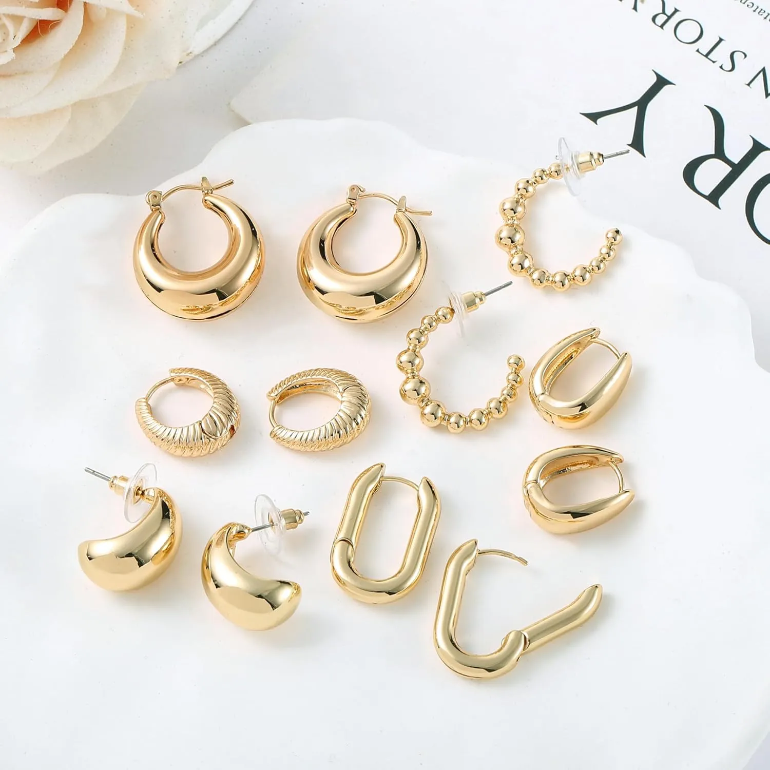 6 Pairs Gold Hoop Earrings for Women, 14K Gold Plated Lightweight Chunky Hoop Earrings Set Hypoallergenic, Thick Open Huggie Hoops Earrings Jewelry for Gifts.