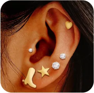 6 Pairs Mini 18K Gold Plated Cowgirl Boots Star Heart Stud Earrings Set for Women Tiny Cubic Zirconia Stainless Steel 2 to 4 mm CZ Studs for Multiple Piercings Cartilage Earrings Jewelry