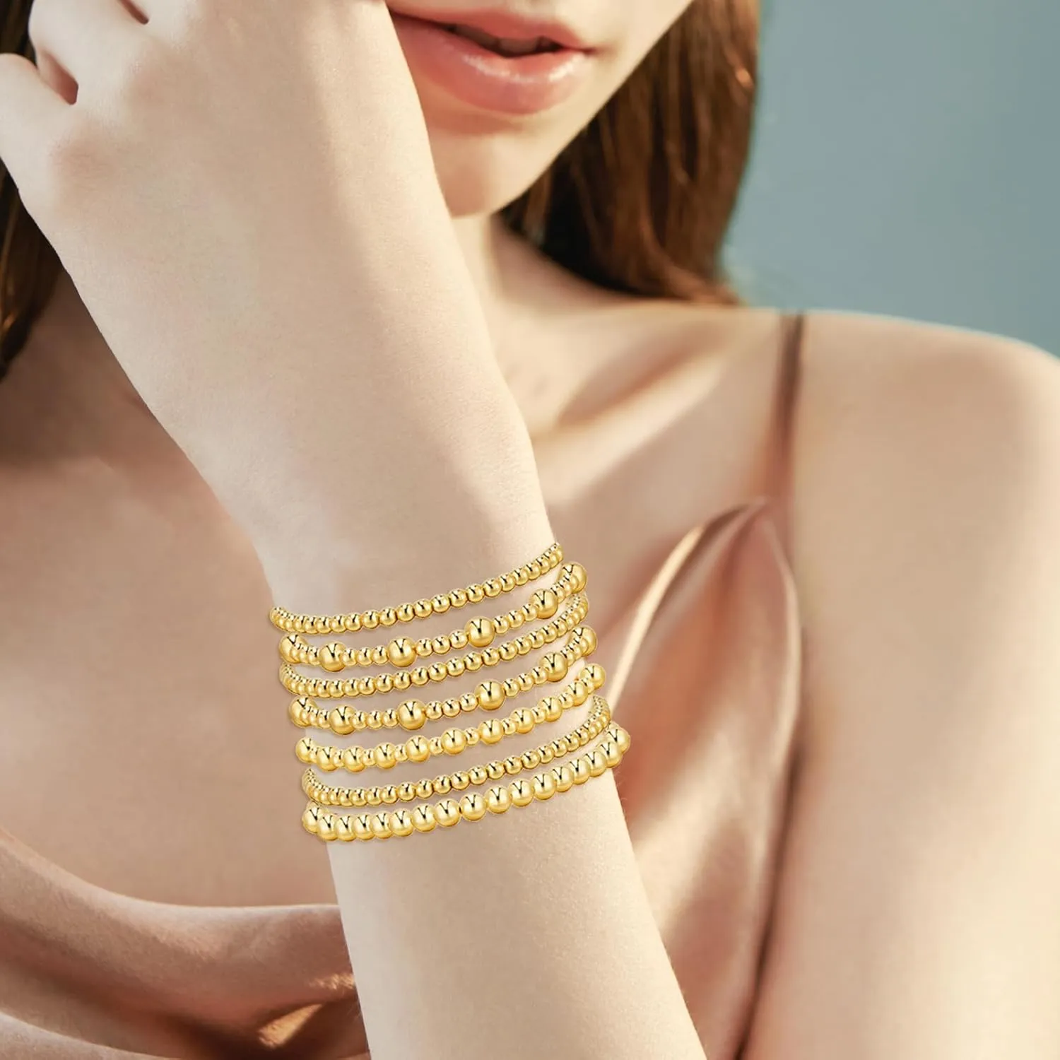 7Pcs Gold Bracelets for Women Gold Plated Beaded Bracelet Elastic Stretch Bead Ball Stack Set Stretchable Adjustable Gold Jewelry Gifts