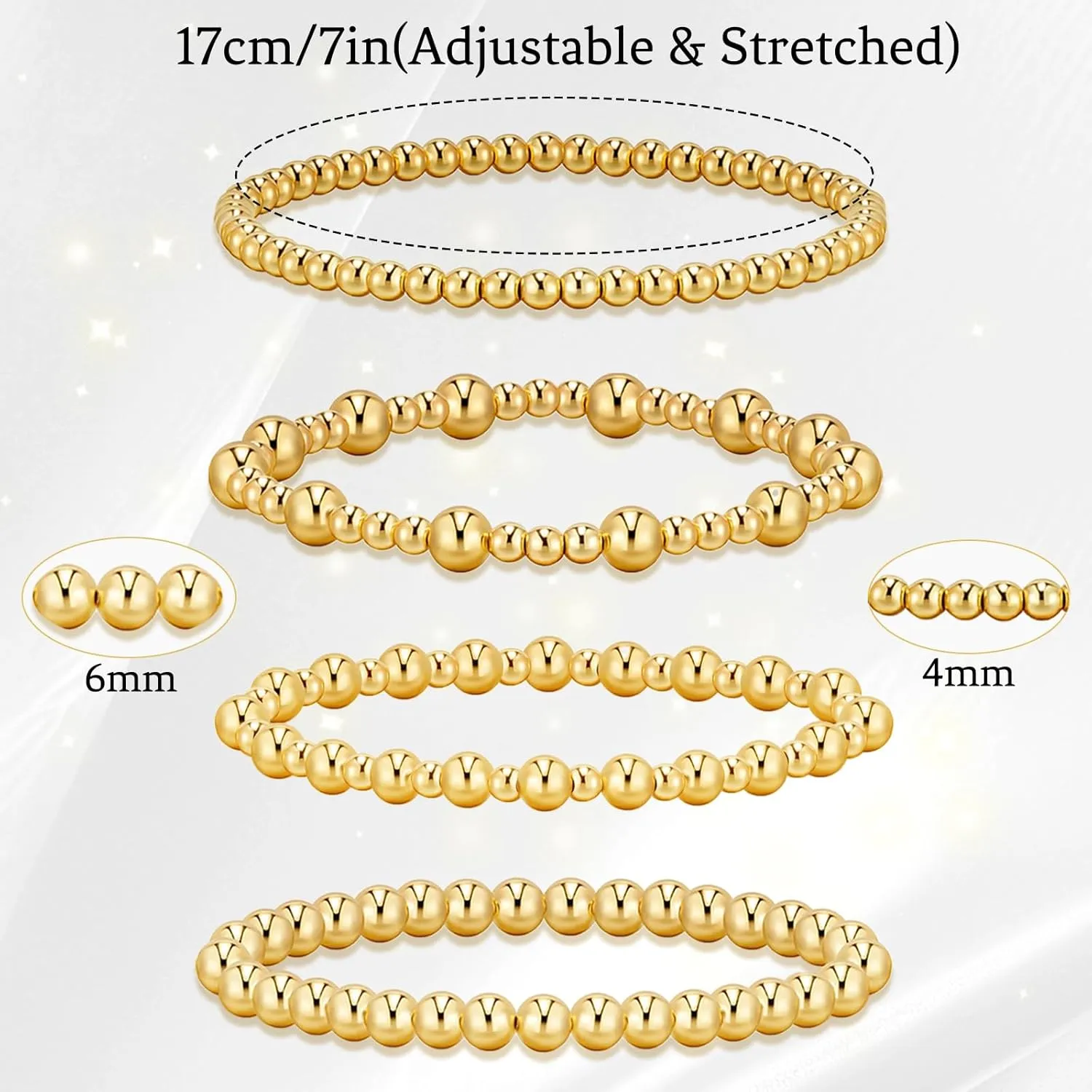 7Pcs Gold Bracelets for Women Gold Plated Beaded Bracelet Elastic Stretch Bead Ball Stack Set Stretchable Adjustable Gold Jewelry Gifts