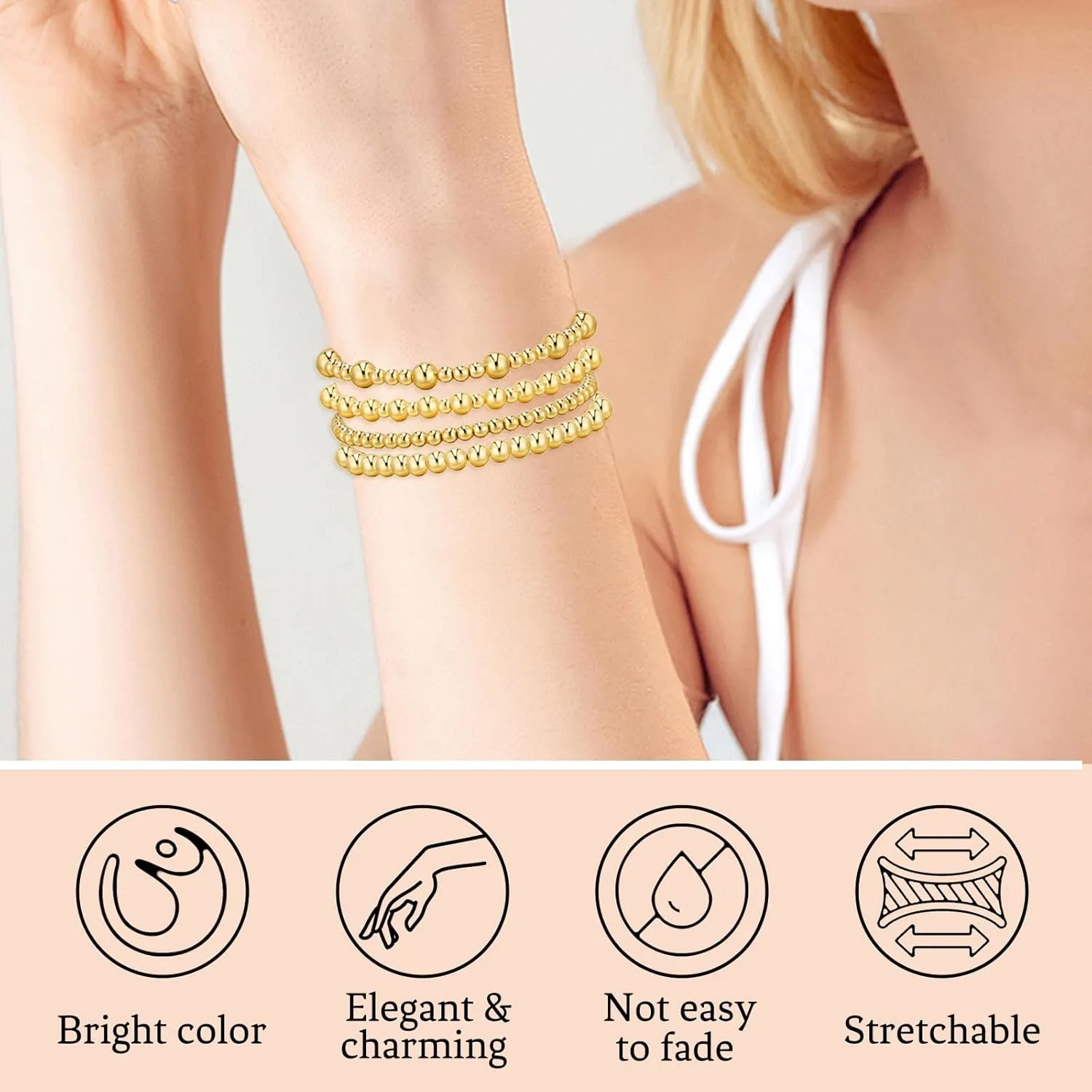 7Pcs Gold Bracelets for Women Gold Plated Beaded Bracelet Elastic Stretch Bead Ball Stack Set Stretchable Adjustable Gold Jewelry Gifts