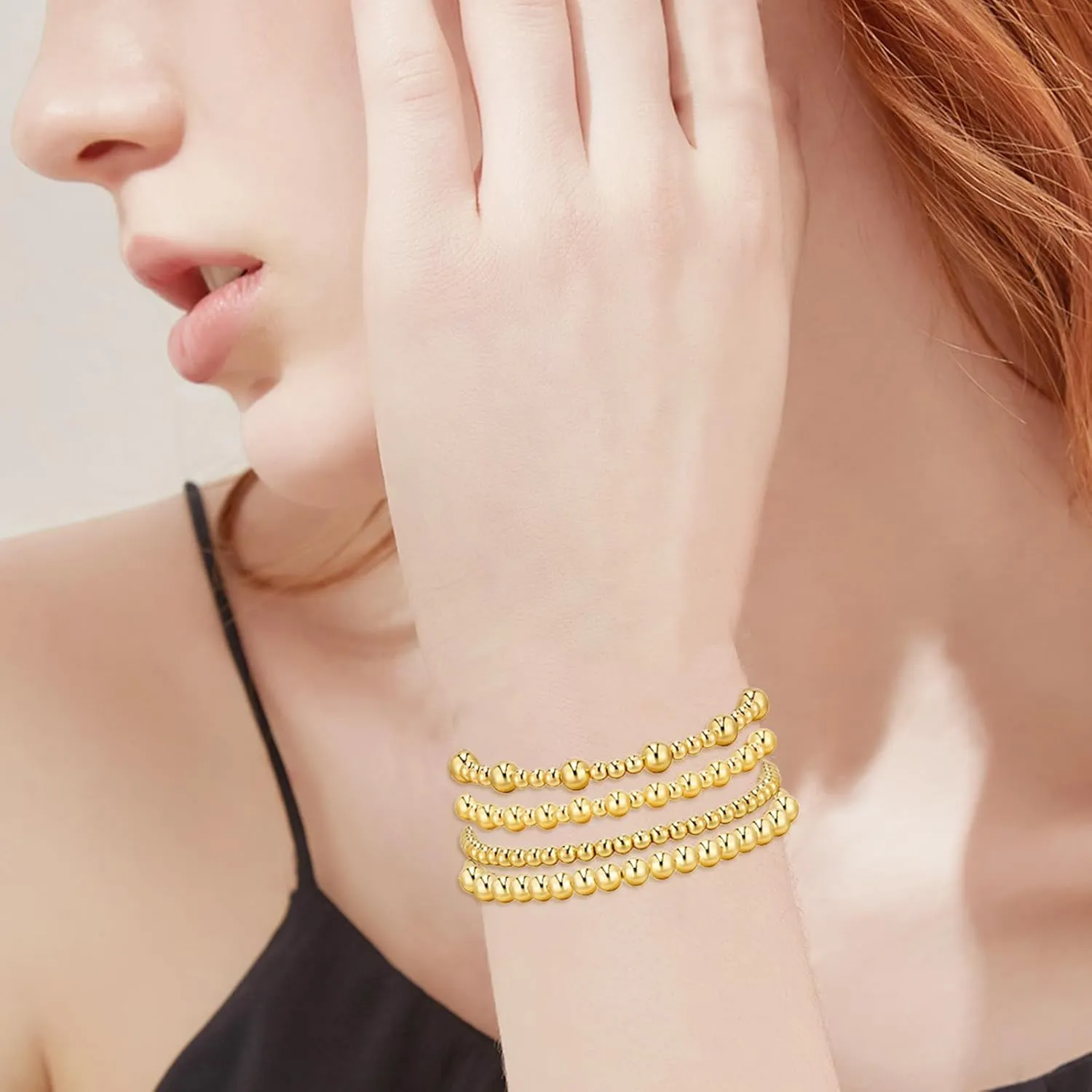 7Pcs Gold Bracelets for Women Gold Plated Beaded Bracelet Elastic Stretch Bead Ball Stack Set Stretchable Adjustable Gold Jewelry Gifts