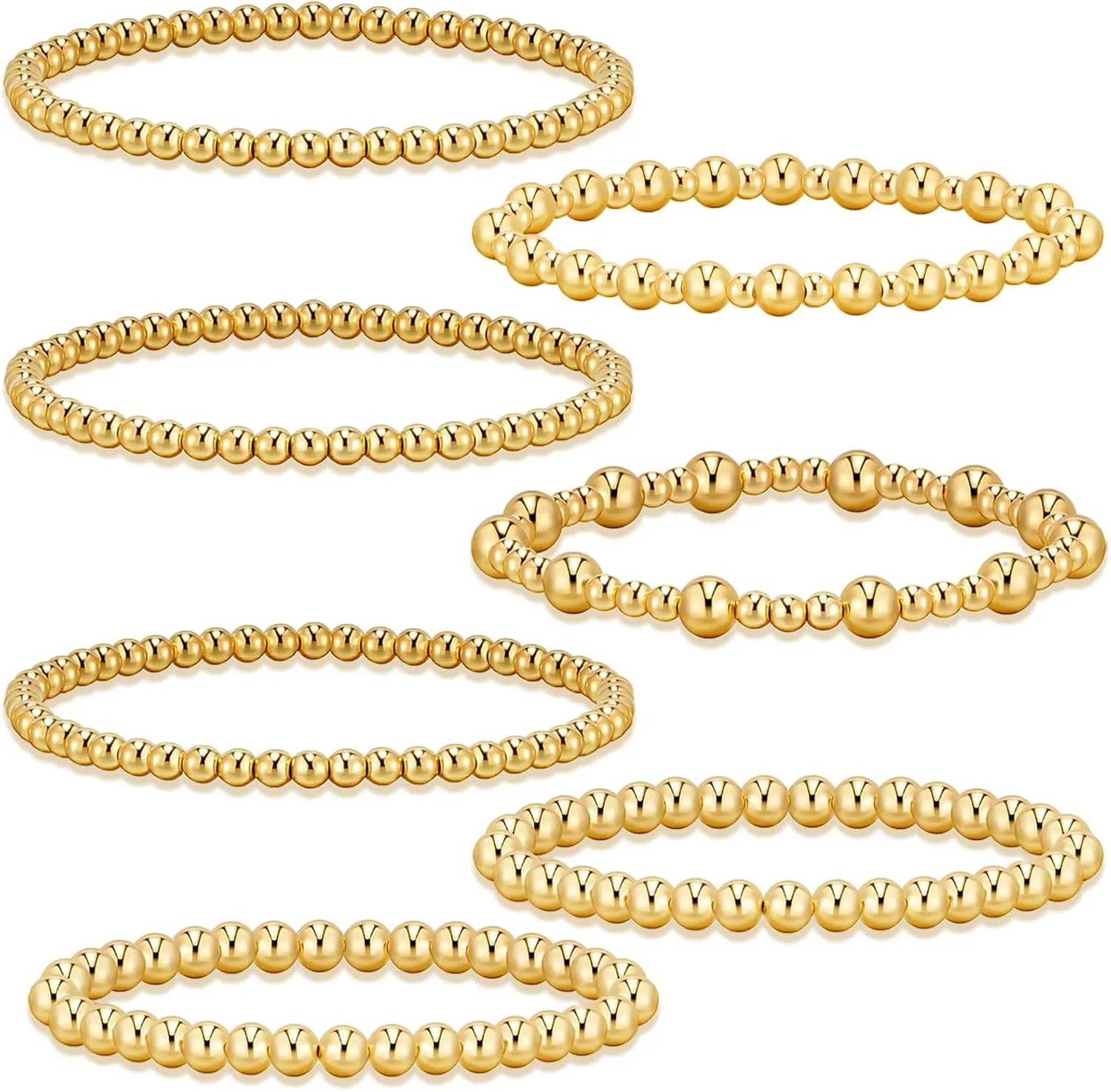 7Pcs Gold Bracelets for Women Gold Plated Beaded Bracelet Elastic Stretch Bead Ball Stack Set Stretchable Adjustable Gold Jewelry Gifts
