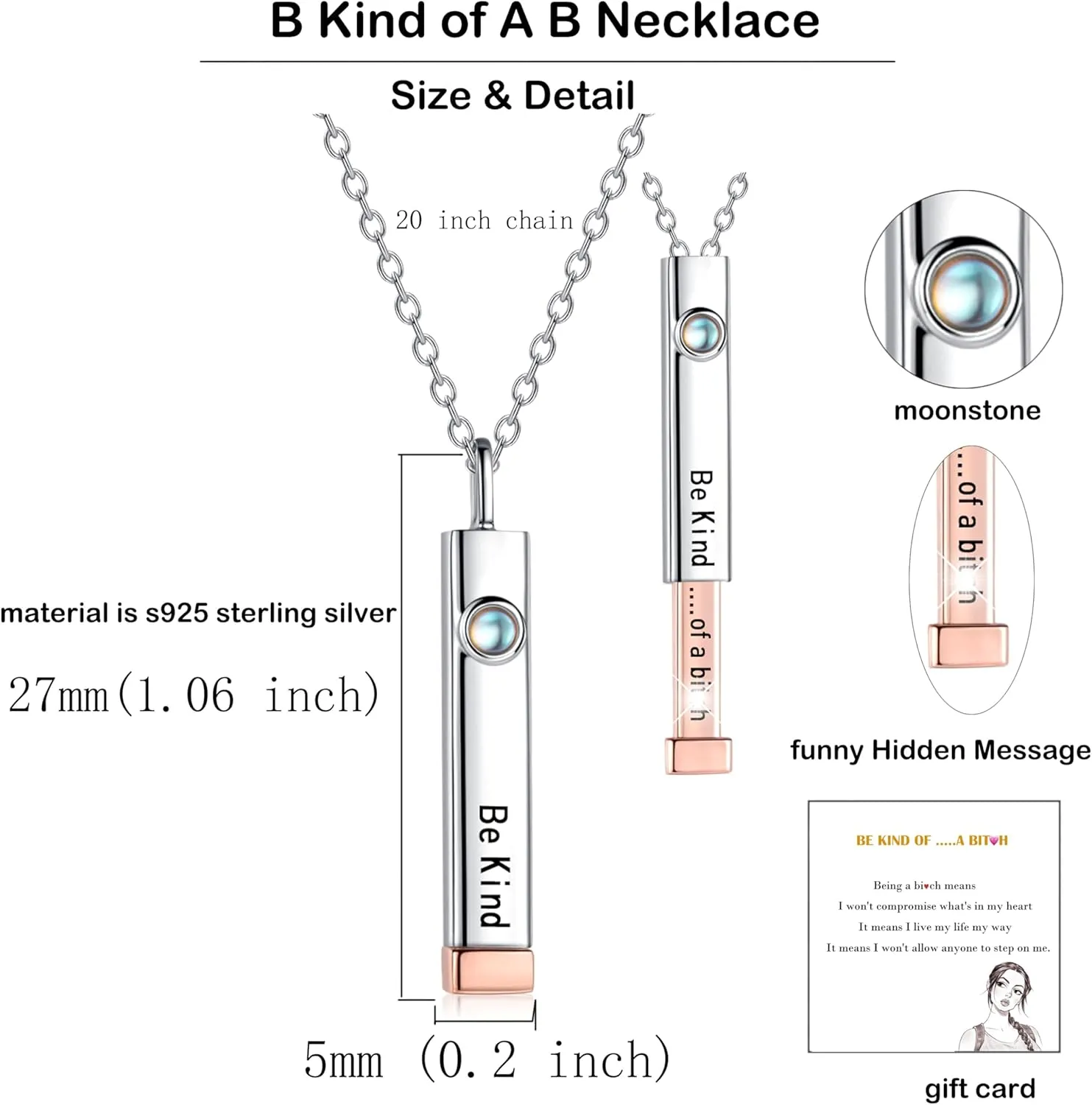 925 Sterling Silver Be Kind of A Bith/Badas Necklace - 3D Rose Gold/14k Gold/Silver Hidden Message Necklace Be Kind Of A Bich Vertical Moonstone Bar Mantra Pendant Inspirational Gifts for Women Friend Sister