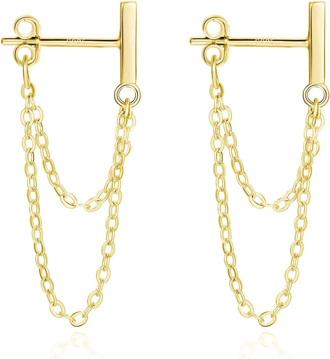 925 Sterling Silver Chain Earrings Dangle Earrings for Women 18K Gold Plated Bar Cross Hoop Ear Cuff Double Twis Hypoallergenic Dangling Jewelry Gift for Christmas Birthday for Sensitve Ears